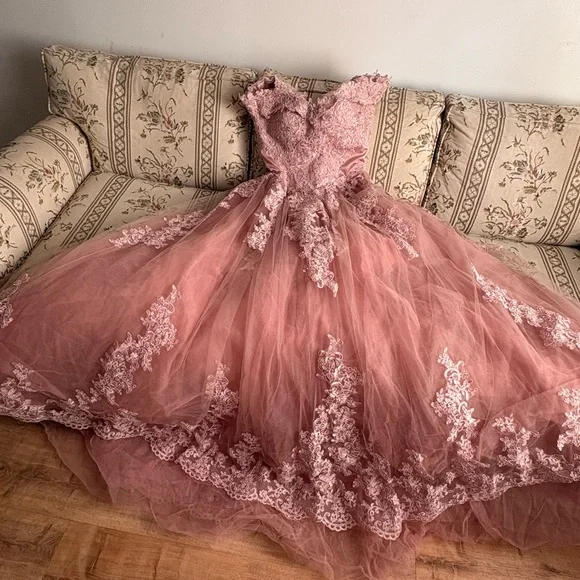 Amazon Dusty Rose Lace Tulle Ball Gown Dress with Bow - Picture 4 of 7